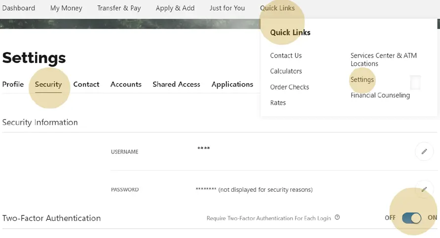 2FA-3-6-24 Screenshot of a banking website's 'Settings' page showing the 'Security' tab with Two-Factor Authentication enabled and options to edit security information.