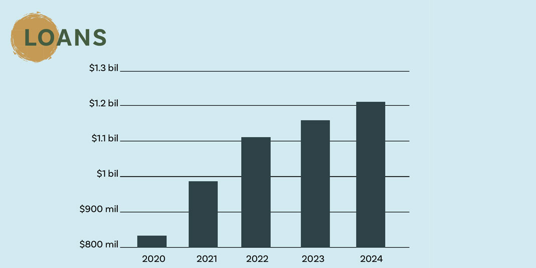 Stat11 Bar chart titled Loans showing steady growth from about $800 million in 2020 to nearly $1.25 billion in 2024.