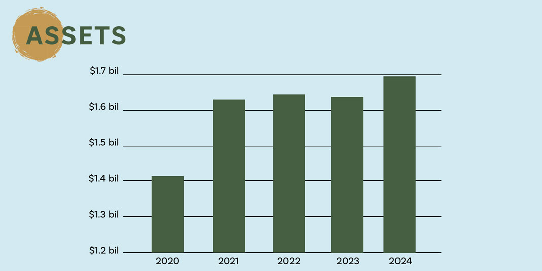 Stat22 Bar chart titled ‘ASSETS’ showing asset values rising from about $1.4 billion in 2020 to about $1.7 billion in 2024.