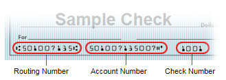 CheckRoutingEx Sample check showing location of routing number, account number and check number